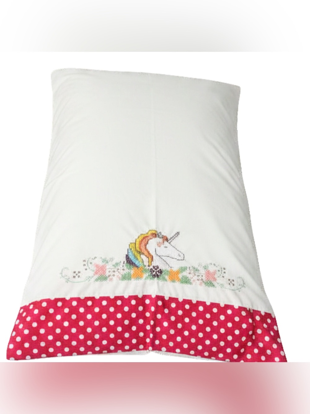 Hand Embroidered Unicorn Pillowcase Standard Size‎ White Cross Stitch Rainbow